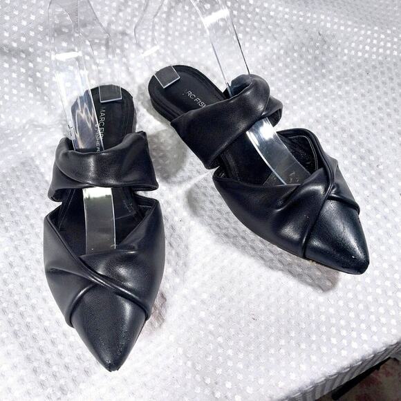 MARC FISHER! BLACK GENUINE LEATHER POINTY TOE, MID STRAP SLIP-ON FLATS! SZ 6.5M - Picture 1 of 10